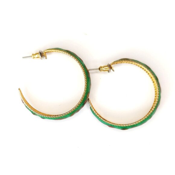 Vintage 80s 90s Gold-Tone Red & Green Enamel Hoop Earrings 1.5" Diameter - Picture 3 of 4
